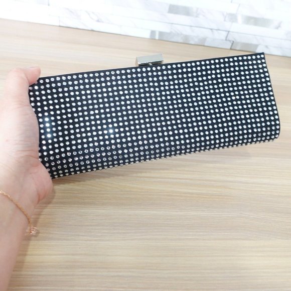 Black Clutch Evening Envelope Purse Bedazzled Gatsby Party Crystal Studded Small - Picture 3 of 13